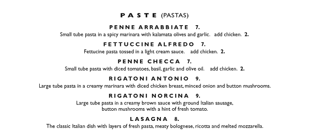 il Capriccio lunch menu - pasta